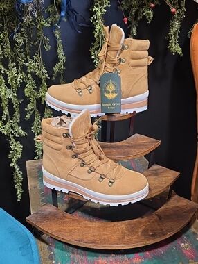 Women's Tan Suede Like Lace-Up Ankle Boots W / Side Zipper